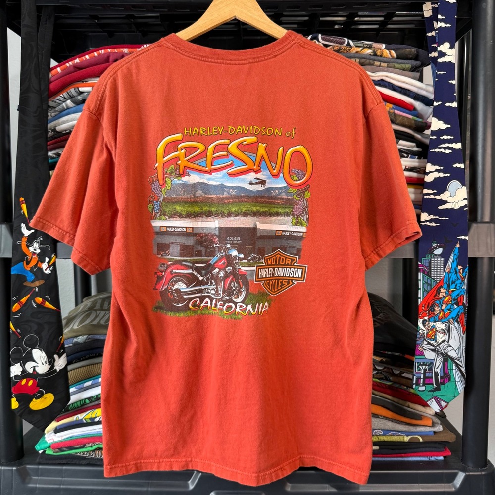Y2K Orange Harley-Davidson Fresno California Pocket Graphic Tee Large
